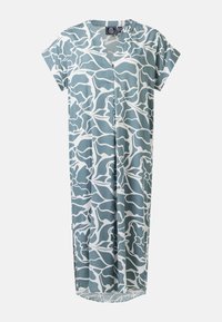 Robe à manches courtes, longueur genou, avec motif floral abstrait bleu et blanc et encolure en V avec entaille.