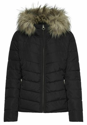 Doudoune noire avec un zip à l'avant, dotée d'une capuche en fausse fourrure de couleur brun clair. Tissu en nylon texturé avec un design matelassé, poches latérales à zip.