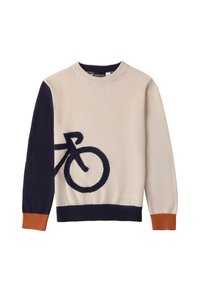 Maglione crema con maniche blu navy e grafica di una bicicletta. Presenta un collo rotondo, polsini a costine e un'accento arancione all'orlo.