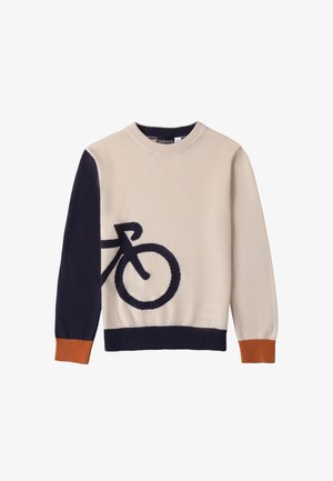Crème trui met een marineblauwe mouw en fietsgraphic. Heeft een ronde halslijn, ribgebreide manchetten en een oranje accent aan de zoom.