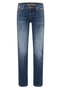 Jeans de mezclilla azul oscuro con corte recto, ligero desvanecimiento y costuras naranjas en contraste. Cuenta con cinco bolsillos y un pasador para cinturón.