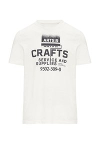 Witte katoenen t-shirt met korte mouwen, versierd met zwarte graphics met de tekst "ARTS & CRAFTS SERVICE AND SUPPLIES" en een logo.