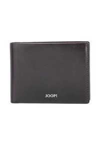 Sort læderpung med tekstureret finish, bi-fold design, med en sølvfarvet "JOOP!"-logo på forsiden og kontrasterende syninger.