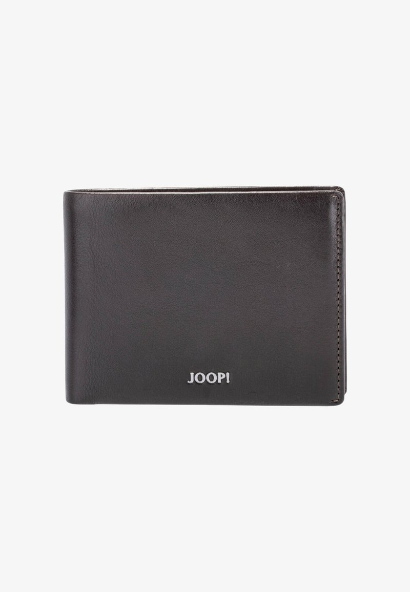 Sort læderpung med tekstureret finish, bi-fold design, med en sølvfarvet "JOOP!"-logo på forsiden og kontrasterende syninger.