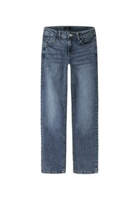 Jeans en denim bleu clair avec une coupe droite, comprenant cinq poches, une fermeture à bouton métallique à l'avant et des détails de couture visibles.