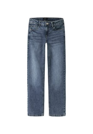 Jeans en denim bleu clair avec une coupe droite, comprenant cinq poches, une fermeture à bouton métallique à l'avant et des détails de couture visibles.