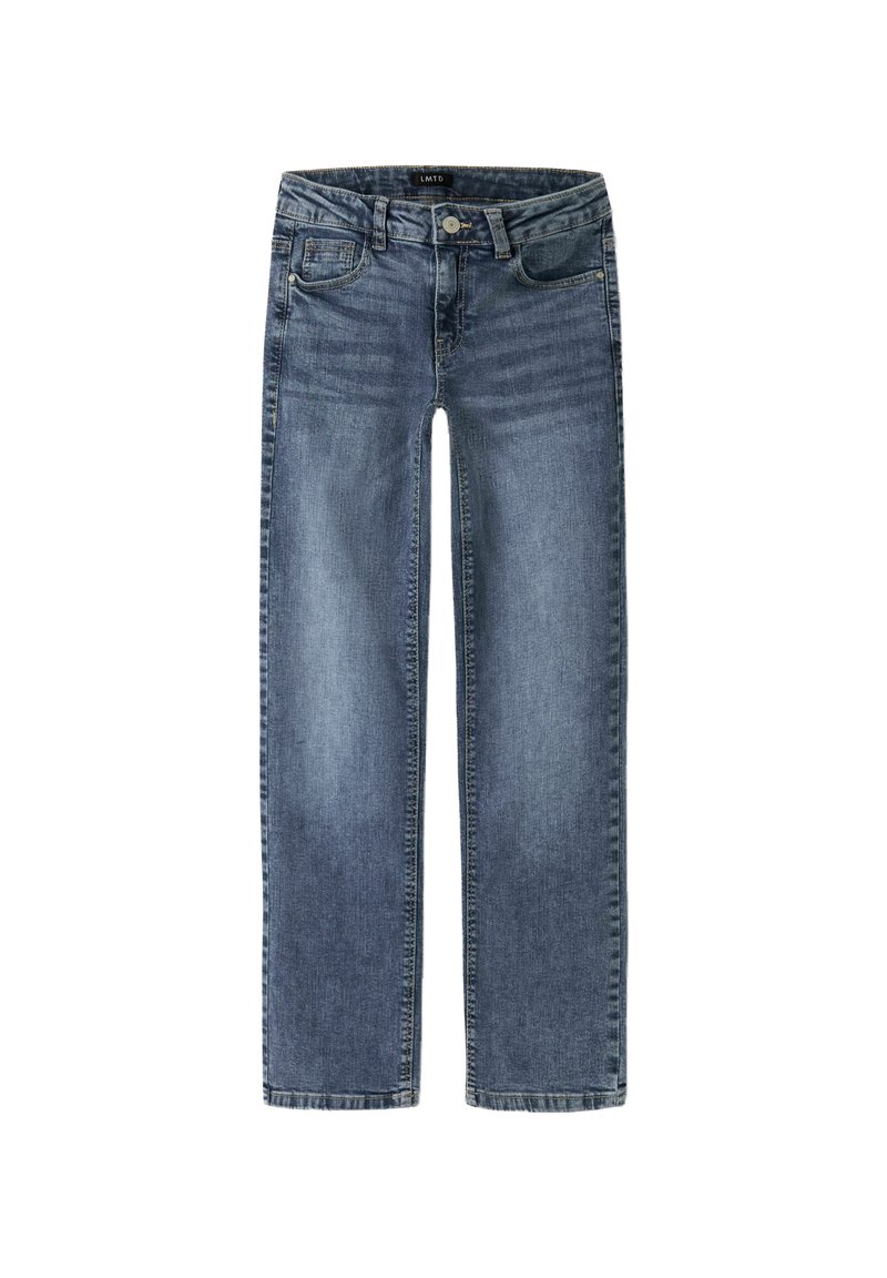 Jeans en denim bleu clair avec une coupe droite, comprenant cinq poches, une fermeture à bouton métallique à l'avant et des détails de couture visibles.