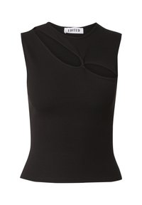 Zwart geribbeld mouwloos topje met een asymmetrisch uitgesneden ontwerp, een ronde halslijn en een getailleerde silhouet, gemaakt van rekbaar materiaal.