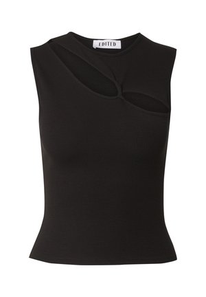 Zwart geribbeld mouwloos topje met een asymmetrisch uitgesneden ontwerp, een ronde halslijn en een getailleerde silhouet, gemaakt van rekbaar materiaal.