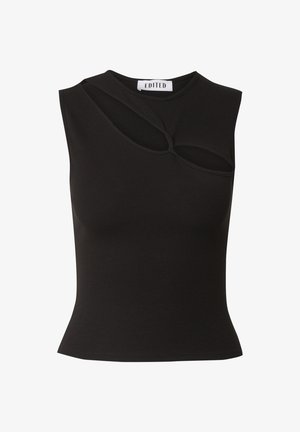 Zwart geribbeld mouwloos topje met een asymmetrisch uitgesneden ontwerp, een ronde halslijn en een getailleerde silhouet, gemaakt van rekbaar materiaal.