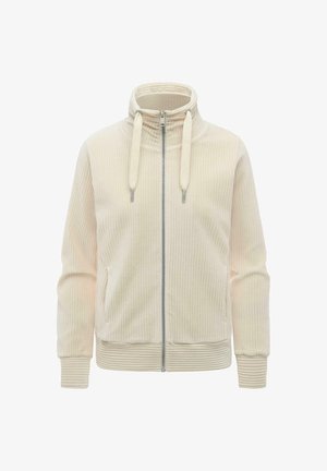 Veste zippée côtelée couleur crème avec col haut et larges cordons, dotée de manches longues et de poches latérales.