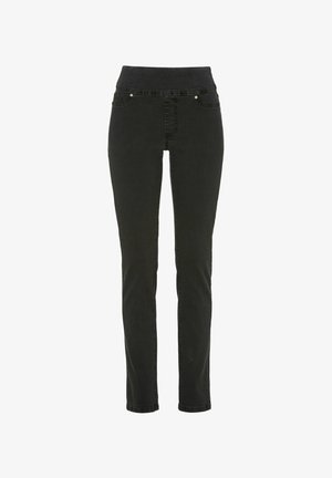 Svarta denim skinny jeans med hög midja, med framfickor och subtila metallaccenter. Slät struktur med en åtsittande design.