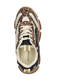 Sneaker im Leopardenmuster mit Mesh-Obermaterial, cremefarbenen Schnürsenkeln und schwarzen Akzenten. Verfügt über eine strukturierte Gummisohle und ein beschriftetes Innenfutter.