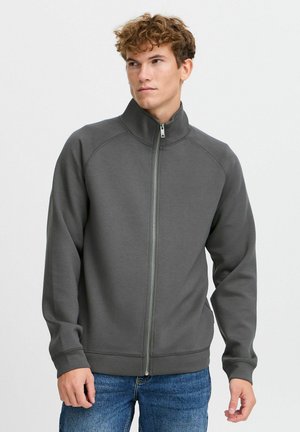 Grå lynlåsgenser med høj krave, ribbede manchetter og en glat tekstur, båret over blå jeans. Designet har kontrasterende syninger.