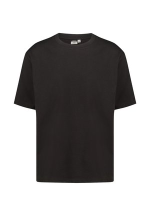 Schwarzes Baumwoll-T-Shirt, kurze Ärmel, Rundhalsausschnitt, lässige Passform, einfarbig, ohne Muster oder Grafiken, glatte Textur.