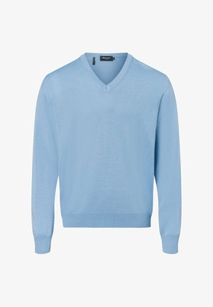 Light blue v-neck sweater made of soft, knit material. Features long sleeves and a ribbed cuff and hem for a snug fit.