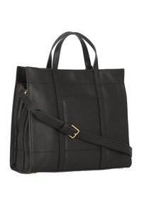 Borsa tote in pelle nera con doppi manici superiori e tracolla removibile. Presenta pannelli cuciti e dettagli in metallo color oro.