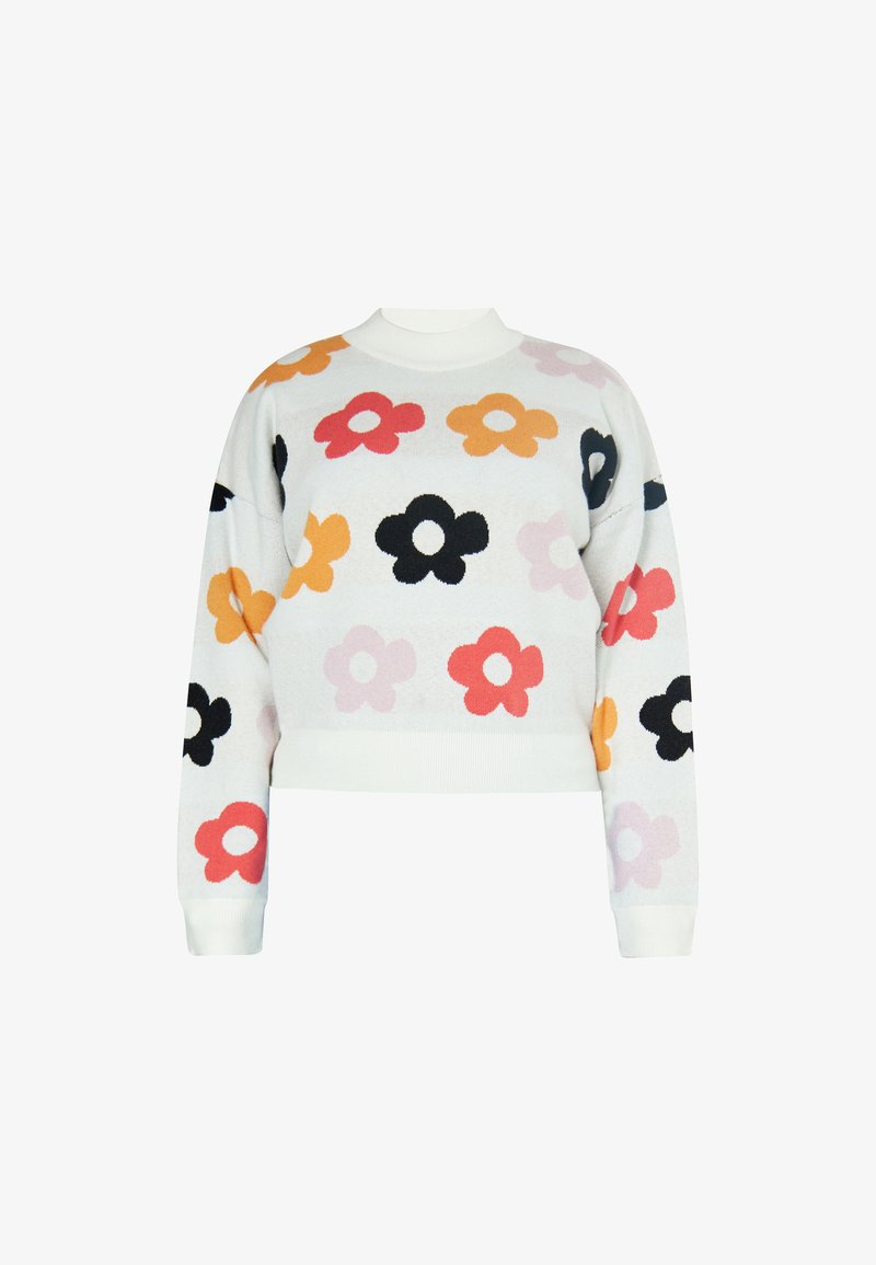Gestreifter Pullover in Weiß mit einem cropped Design. Besitzt bunte Blumenmuster in Orange, Pink, Rot, Schwarz und Lila. Rippkragen und -bündchen.