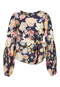 Blouse fleurie à manches longues, base marine, présente des motifs floraux colorés, détail noué à l'avant et encolure ronde. Texture de tissu lisse.