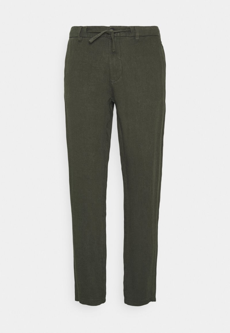 Olivově zelené lněné kalhoty s rovnými nohavicemi a šňůrkovým pasem. Hladká textura a minimální detaily, vhodné na volný čas.
