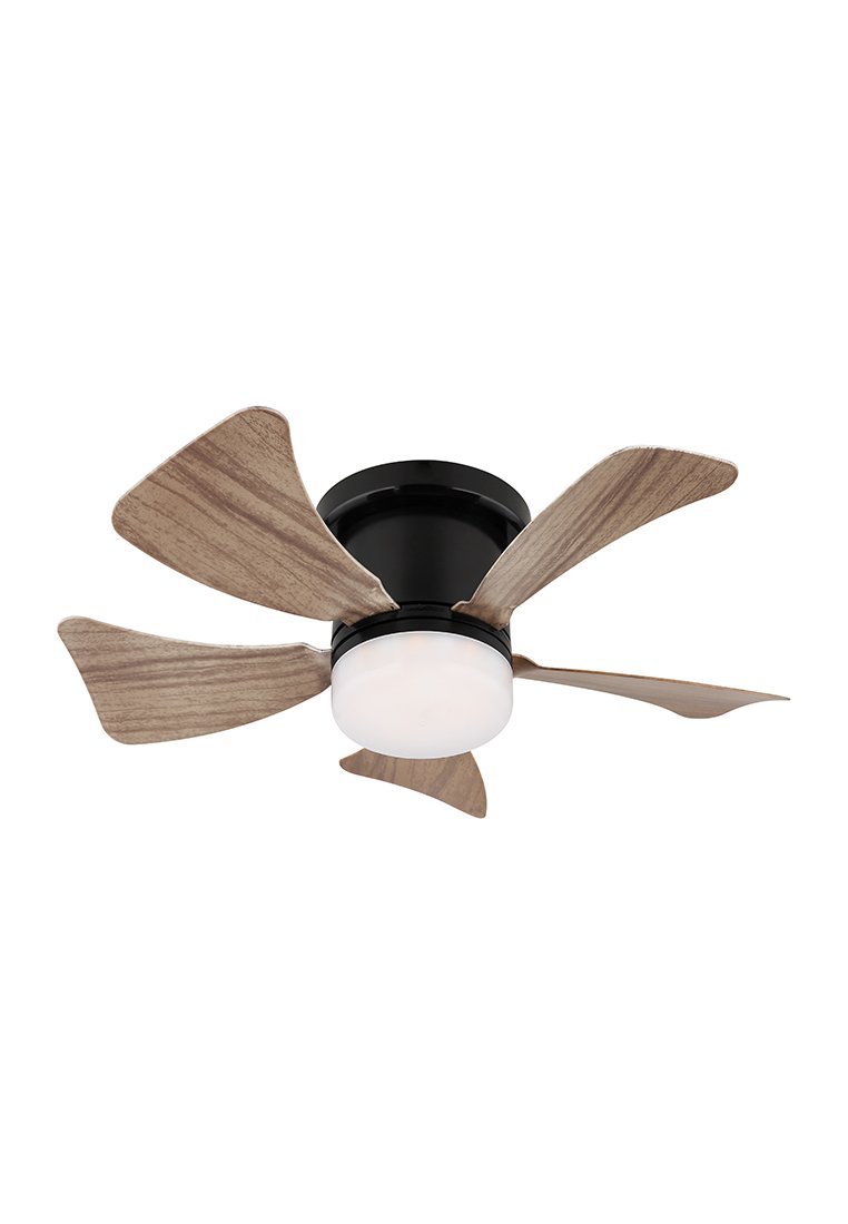 Stropní ventilátor s pěti zakřivenými dřevěnými lopatkami a centrálním kulatým bílým světelným zdrojem připevněným na černý základ.