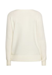 Maglione a coste di colore crema con maniche lunghe, scollatura ampia e polsini e orlo elastici. Tessuto a maglia morbido con un leggero motivo a righe.