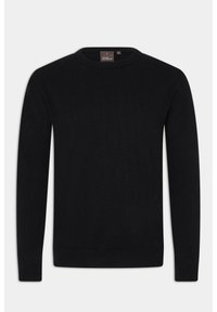 Zwarte trui met ronde hals, gebreide stof, lange mouwen, geribbelde onderrand en manchetten, gladde textuur, eenvoudige uitvoering zonder patronen of versieringen.