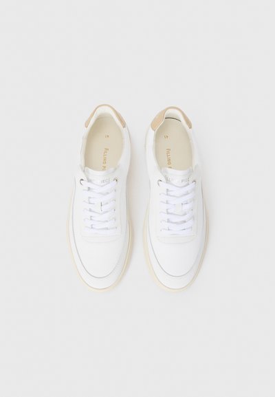 Et par hvite lær sneakers med beige hælfliker og hvite snører, sett ovenfra på en enkel hvit bakgrunn.
