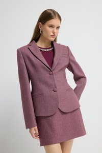 Getailleerde blazer met visgraatpatroon in bordeaux, met twee knopen en een gesneden revers, gecombineerd met een bijpassende minirok.