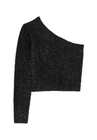 Maglione corto nero e peloso con una spalla scoperta, manica lunga sul lato sinistro e senza manica sul lato destro.