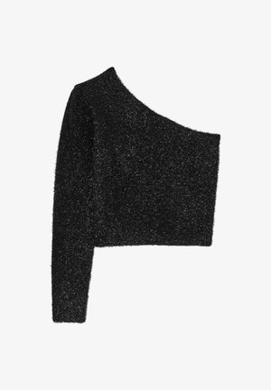 Pull court noir en peluche, à une épaule, avec une longue manche du côté gauche et sans manche du côté droit.