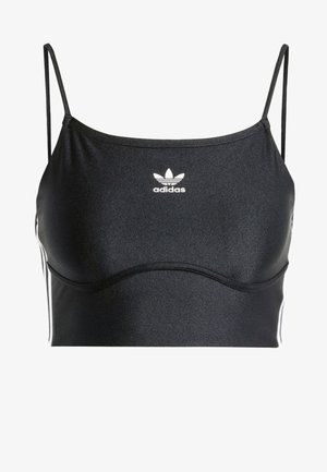 Top cropped preto da Adidas com alças finas, textura brilhante e logótipo branco na parte da frente. Apresenta riscas brancas nas laterais para um detalhe adicional.