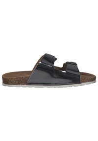 Sandal in patent nero con soletta in sughero, design aperto sulla punta, dettagli con fibbia regolabile e suola in gomma bianca.