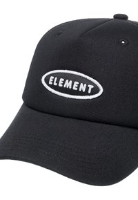 Black baseball cap made of textured fabric featuring a white oval patch with "ELEMENT" text in bold. Curved visor and stitched detailing.