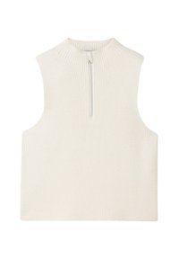 Ärmelloses, cremefarbenes Strickoberteil mit gerippter Textur und einem halben Reißverschluss an der Vorderseite. Es hat einen hohen Kragen und eine kastige Silhouette.