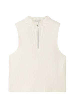 Mouwloos, crèmekleurig gebreid topje met geribbelde textuur en een halve ritssluiting aan de voorkant. Beschikt over een hoge hals en een boxy silhouet.