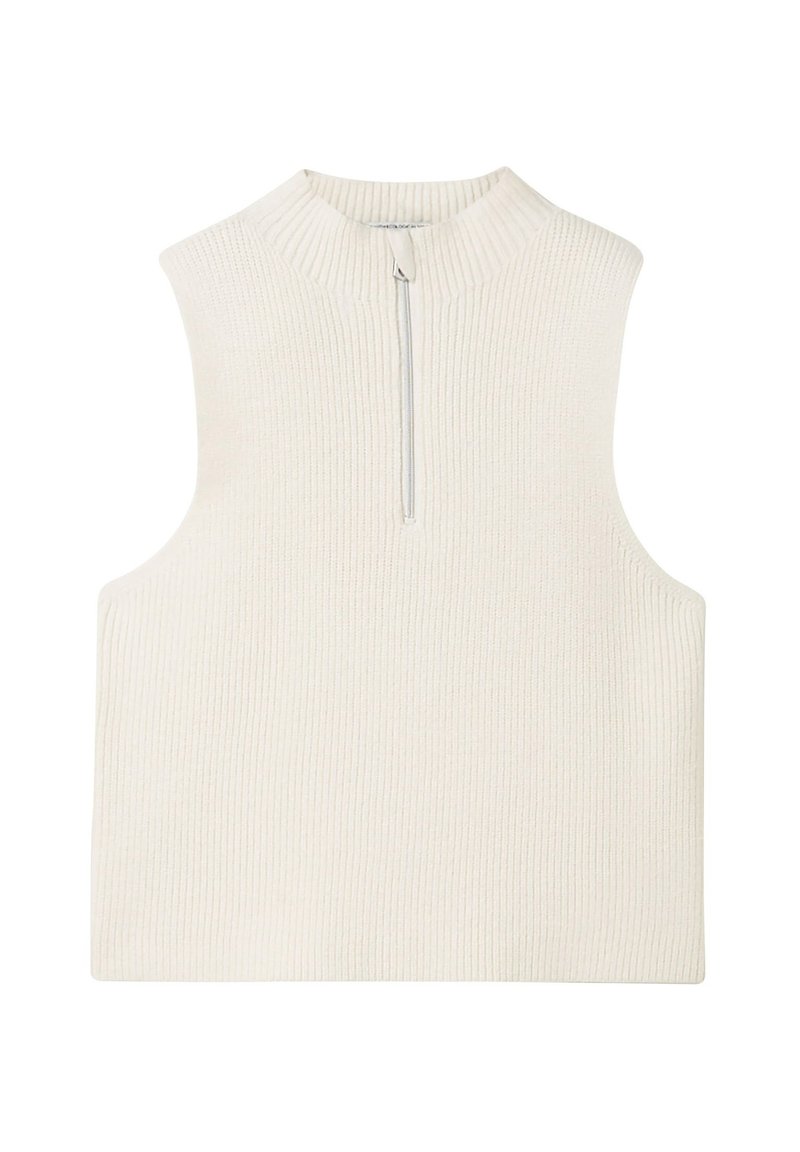 Ärmelloses, cremefarbenes Strickoberteil mit gerippter Textur und einem halben Reißverschluss an der Vorderseite. Es hat einen hohen Kragen und eine kastige Silhouette.