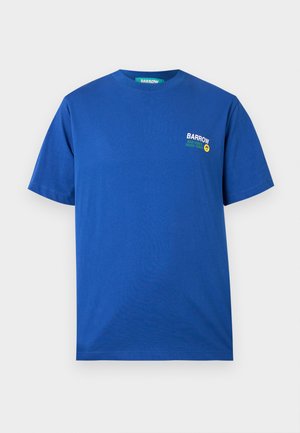 Blue short-sleeve cotton t-shirt with small chest print saying "BARROW BAD VIBES GOOD TIMES" and a yellow smiley face icon.