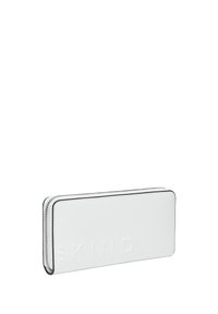 White leather wallet with embossed "SKIND" text, contrasting black stitching, and a zippered closure. Rectangular shape, smooth texture.
