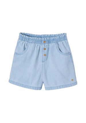 Light blue denim shorts with elastic waistband, three brown buttons on front, two pockets, and small heart detail on left leg hem.