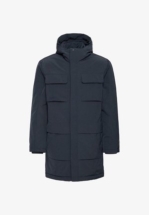 Jūras spēku parka jaka ar kapuci, ar vairākām priekšējām kabatām, teksturētu apdari un rāvējslēdzēja aizdari. Izstrādāta siltumam un praktiskumam.