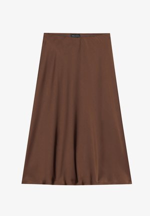 Brown A-line skirt made from smooth fabric. Features a waistband with a tag, simple design, and a flowing silhouette.