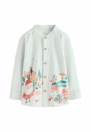 White children's button-up shirt with Christmas designs of Santa, reindeer, gift sleigh, and North Pole sign.