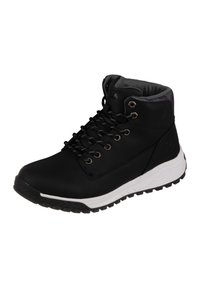 Zwarte wandelschoenen van glad materiaal, grijze voering, zes metalen oogjes en een witte tussenzool. Getexureerde rubberen zool voor grip.
