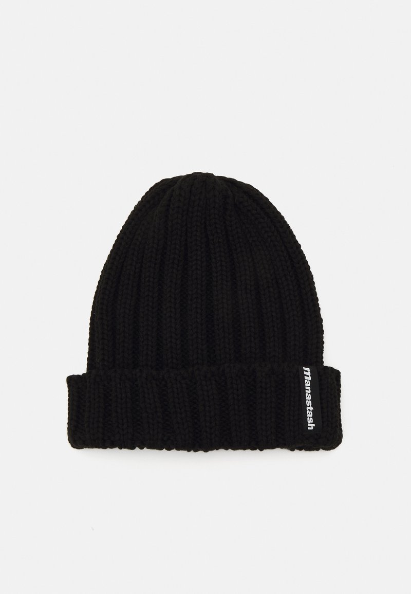 Black knitted beanie with ribbed texture and a folded cuff. Features a small white logo tag on the side.