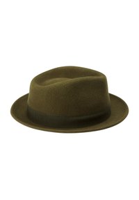 Olive green fedora hat made of felt, featuring a wide dark ribbon around the base. The hat has a soft, rounded crown and a slightly curved brim.