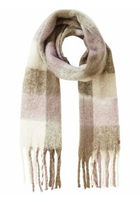 Rutet tørklæde i blød uldblanding med nuancer af lys lilla, creme og taupe. Frynser ved kanterne fremhæver tekstur og detaljer.