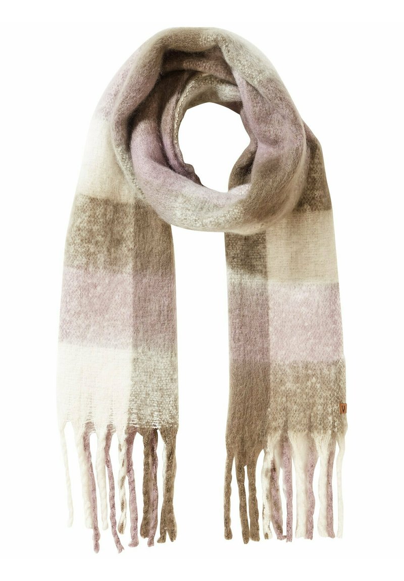Rutet tørklæde i blød uldblanding med nuancer af lys lilla, creme og taupe. Frynser ved kanterne fremhæver tekstur og detaljer.