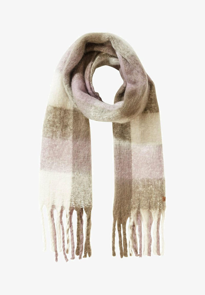 Geruite sjaal van een zachte wolmix, met tinten lichtpaars, crème en taupe. Franje randen benadrukken de textuur en details.