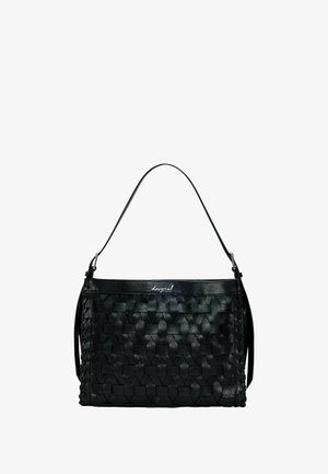 Zwarte leren handtas met geweven textuur, platte rechthoekige vorm, een enkele schouderriem en een discreet logo aan de voorkant.